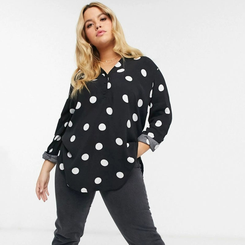 Polka Dot Print Half-Open Collar Plus Size Ladies Casual Loose Shirt