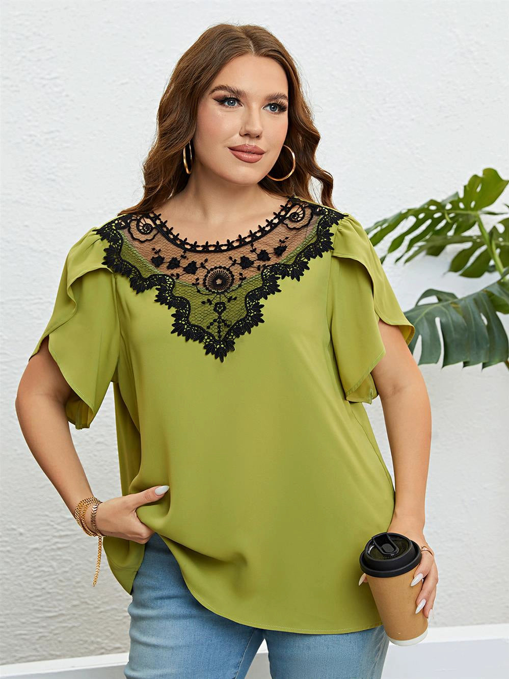 Plus Size Summer Lace Top Women Round Neck Plus Size Blouse