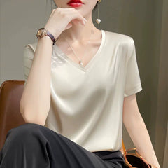 T-shirt Simple Half Sleeve Silk Satin Top Acetate