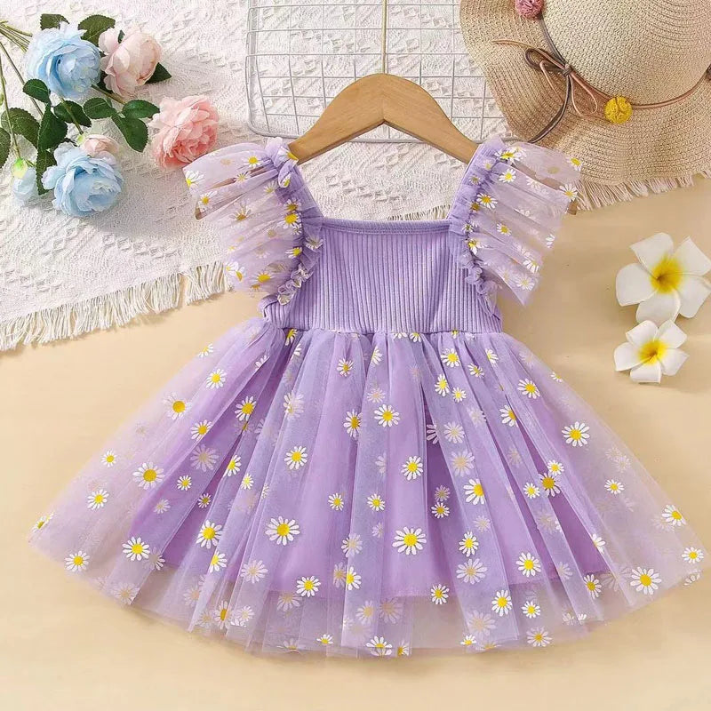 Daisy Flower Girls Birthday Dress Kid Children Clothing Petal Sleeves Party Christmas Knee Length Mesh