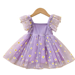 Daisy Flower Girls Birthday Dress Kid Children Clothing Petal Sleeves Party Christmas Knee Length Mesh