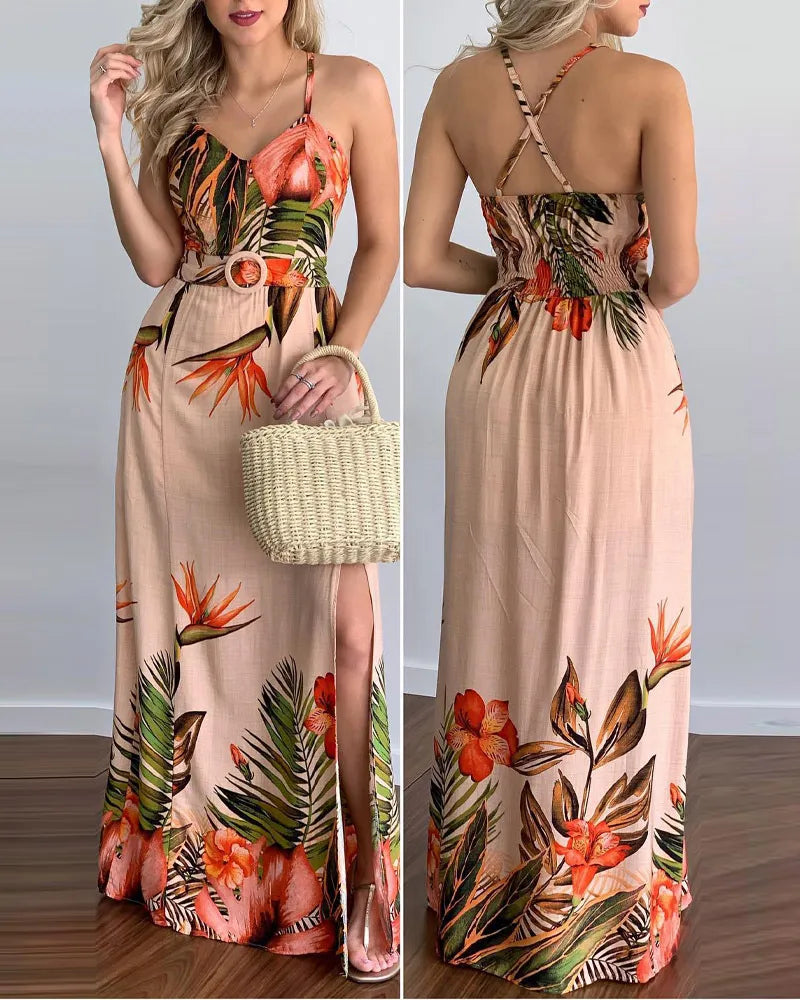 Straps Criss Cross Folds Maxi High Silt A-line Vacation Dresses women