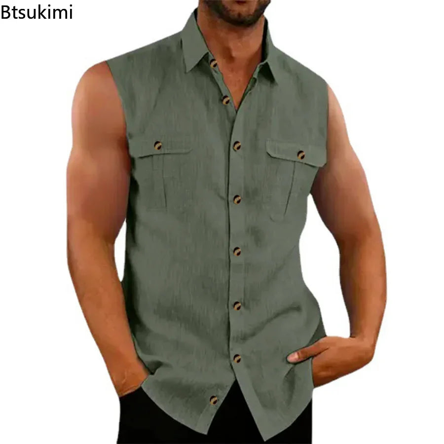 Spring Summer Men's Leisure Cotton Linen Tank Tops Casual Solid Color Buttoned Lapel Sleeveless Vest Shirt