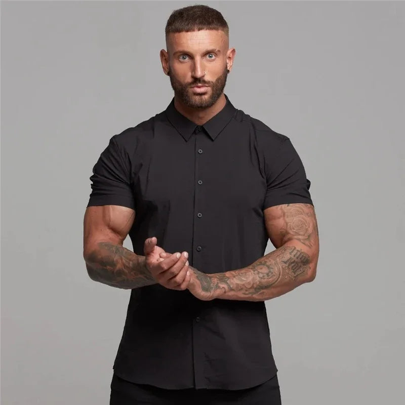 Men's Summer Business Shirt Short Sleeve Turn-down Collar Tuxedo Shirt Fashion Super Slim Fit Male Social Dress Shirt