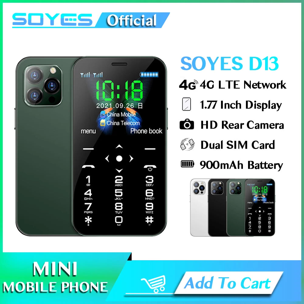 SOYES D13 Original Mobile Phone Dual SIM 4G LTE Mini Cellphone Student 900mAh Type-C SOS Small Mobile Phone