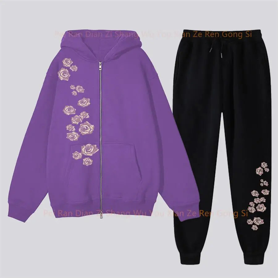 pants Sets Women's Hoodie and pants Two-piece Zipper High Quality Oversize Clothing Aesthetic Rose Graphic PrintFemale Tracksuit