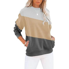 Women's color blocked casual long sleeved top with print round neck sweatshirt