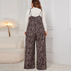 Plus Size Leopard Jumpsuits  Lace Up Strap Sleeveless Wide Leg Pants Fashion Loose Brown Overalls