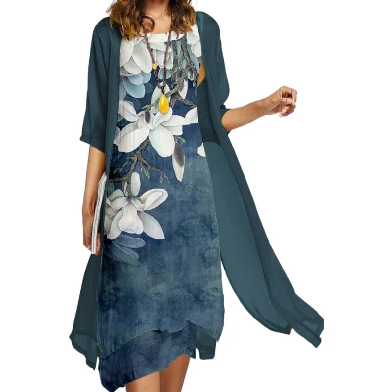 Europe and the United States summer new women's casual dress two-piece set of printed round neck slim dress women