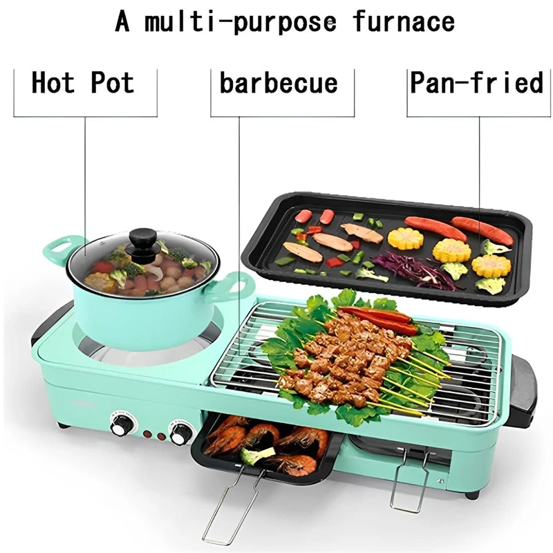 Multifunctional Electric Grills, Smokeless 3 in 1 Korean Style BBQ Hot Pot Multi cooker Machine, Non-Stick Electric Baking Pan