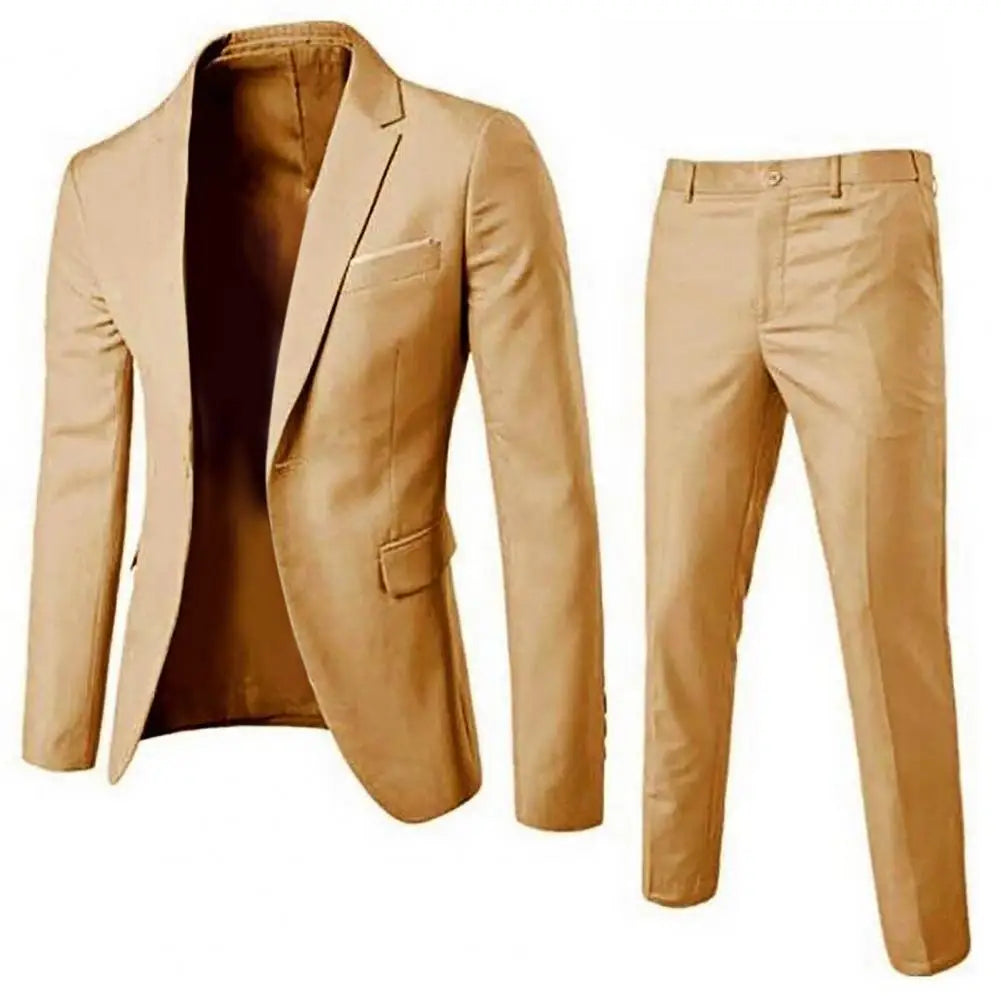 1 Set Stylish Formal Suit Temperament Men Blazer Pants Turndown Collar Pure Color One Button Suit Set  Daily Wear