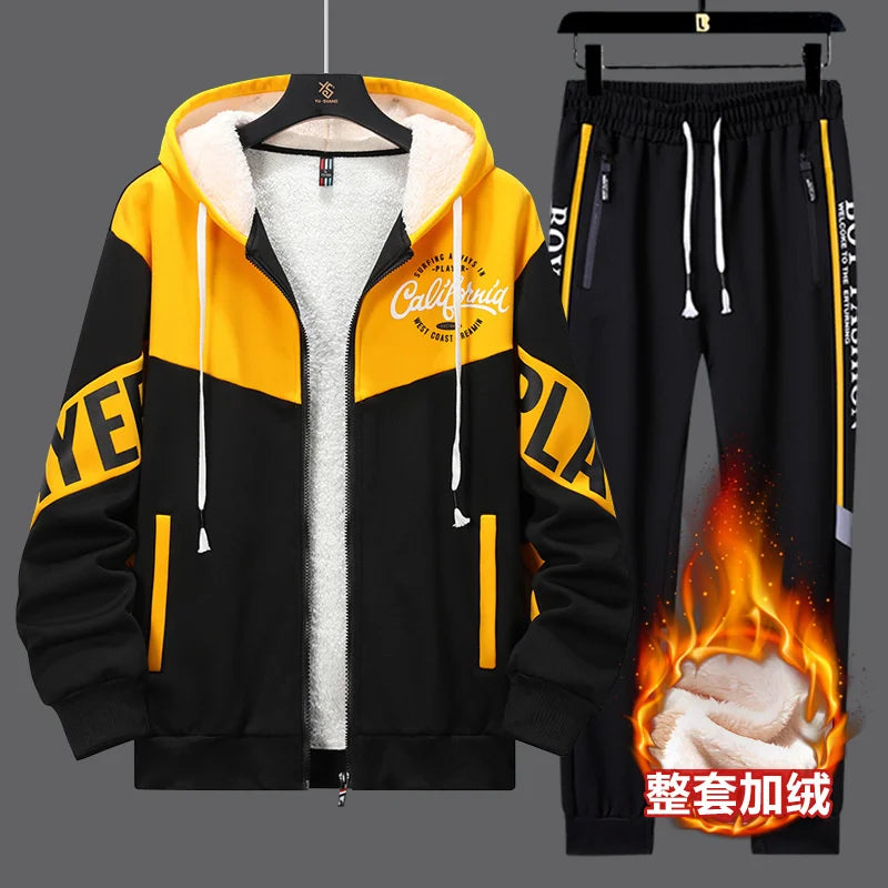 New Tracksuit Set Men Winter Warm Thick Hoodie Cardigan Zipper Sweatshirt Sweatpants 2 Piece