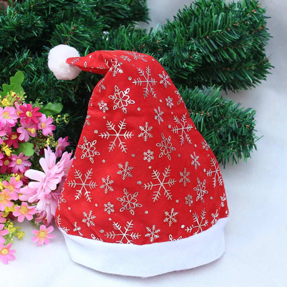 Christmas Hat With Printed Gold Silver Snowflakes Classic Plush Santa Hat