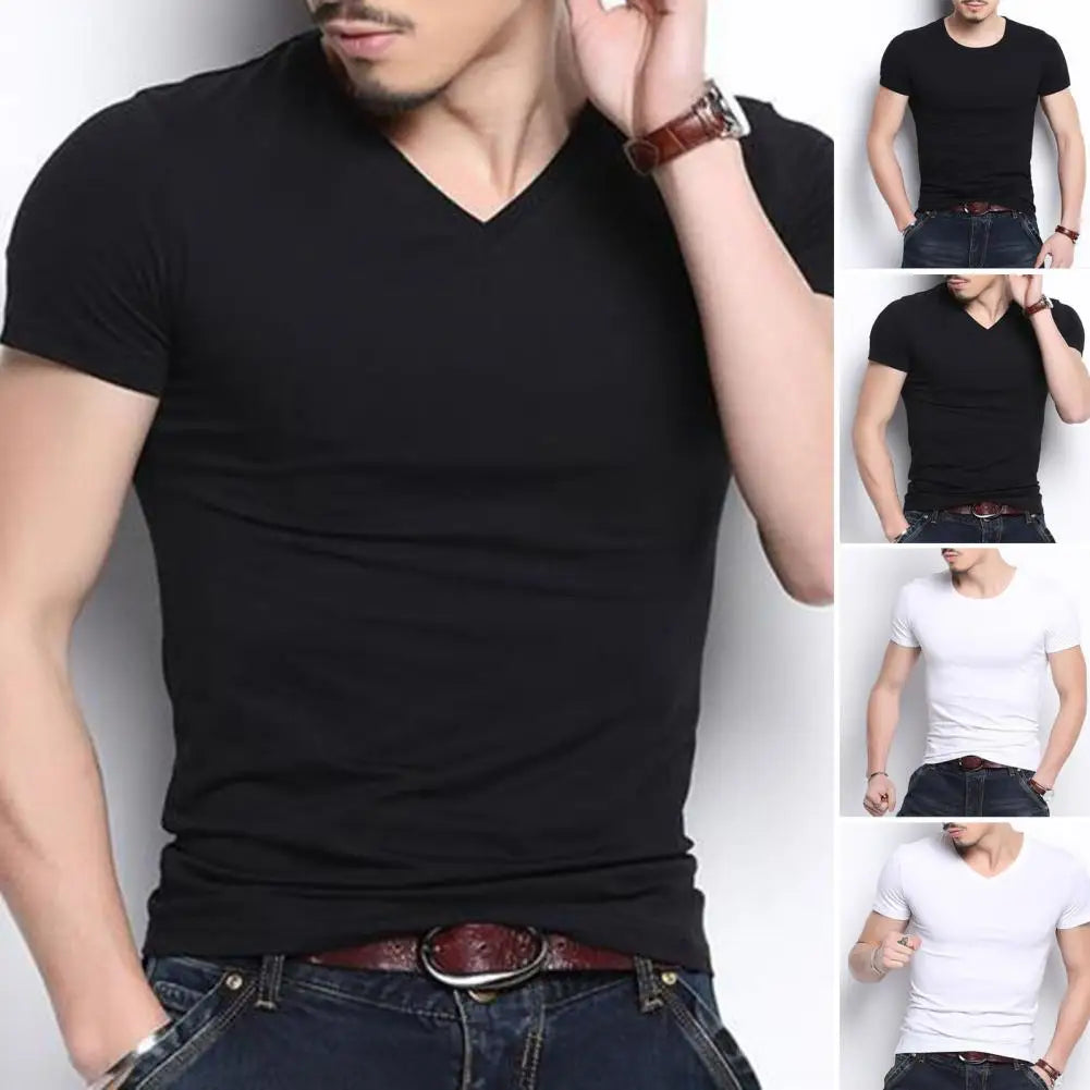 Men's Summer T-Shirt Cotton O-Neck V Neck Solid Color Short Sleeve T-shirt