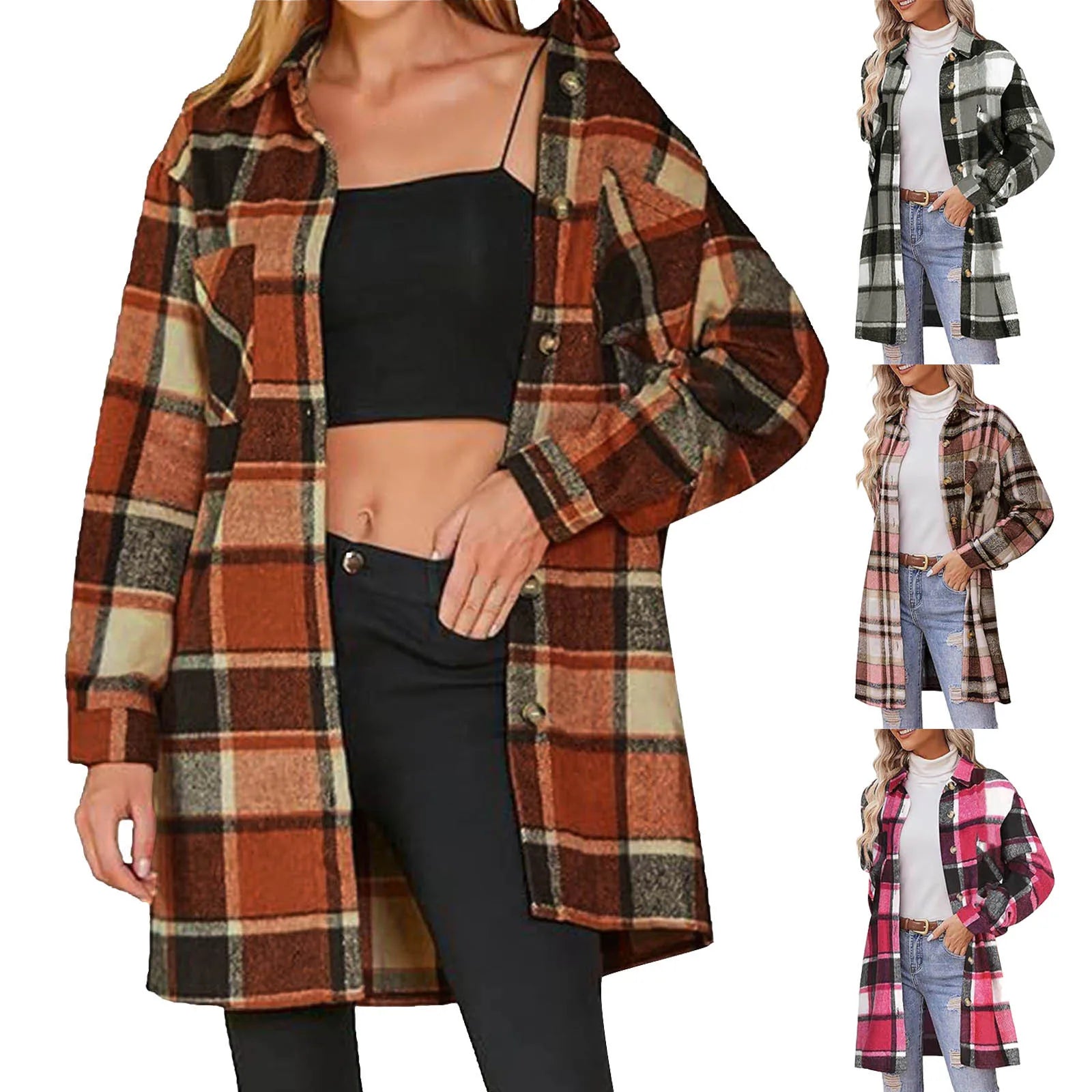 Autumn Women Fashion Plaid Shacket Single Breasted Color Blocking Lapel Blouse Jackets