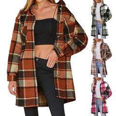 Autumn Women Fashion Plaid Shacket Single Breasted Color Blocking Lapel Blouse Jackets