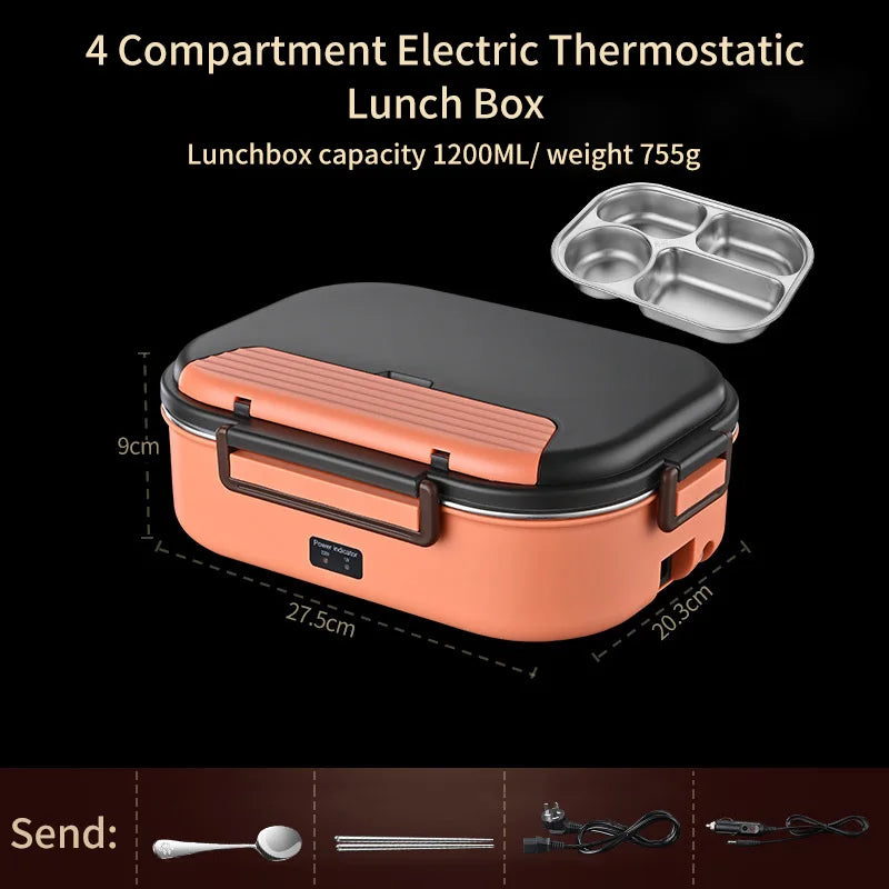 Electric Heated Lunch Boxes Stainless Steel Food Insulation Bento Lunch Box Home Car Keep Warm Lunch Box 1.2L, 12V/220V