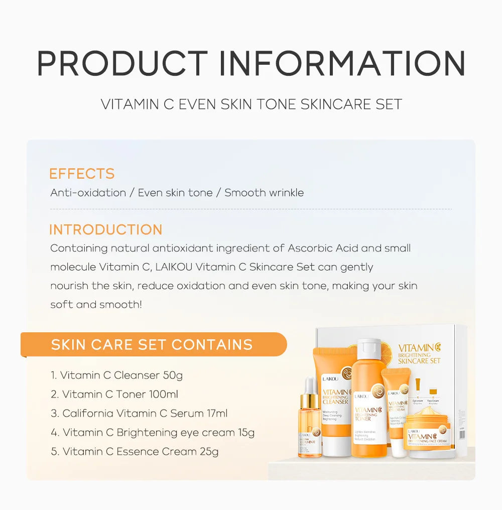 Vitamin C Skin Care Sets Face Cream Facial Cleanser Essence Toner Eye Cream Moisturizing Face Care