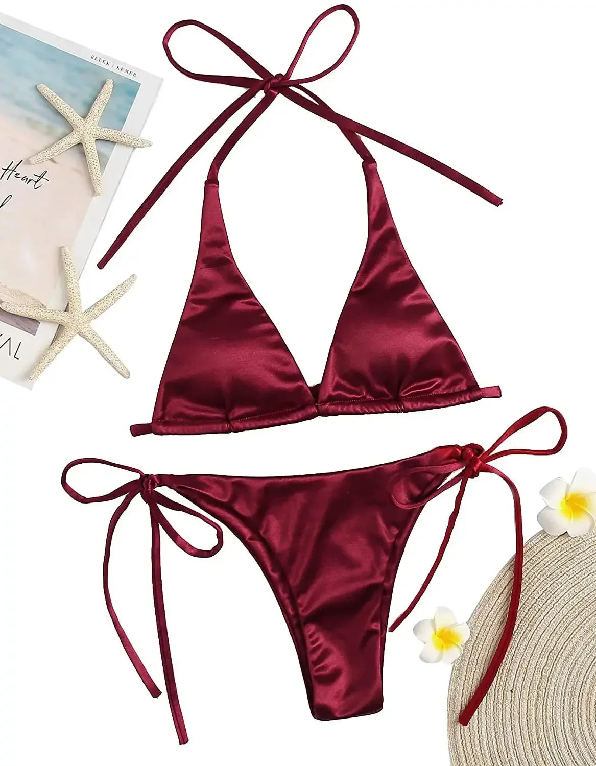 Women's Metallic Halter Top Two Piece Swimsuit Tie Side Triangle Bikini Summer Solid Bathing Suit Beachwear Bikini Set