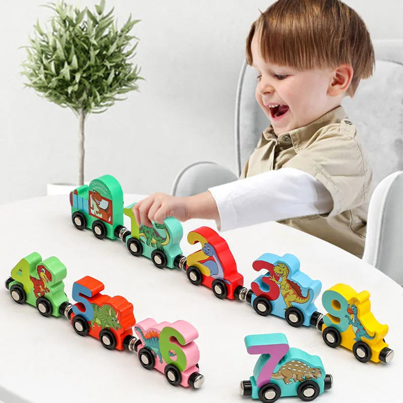 Magnetic Dinosaur Train Toys Set Wooden Number Transport Vehicle Puzzle