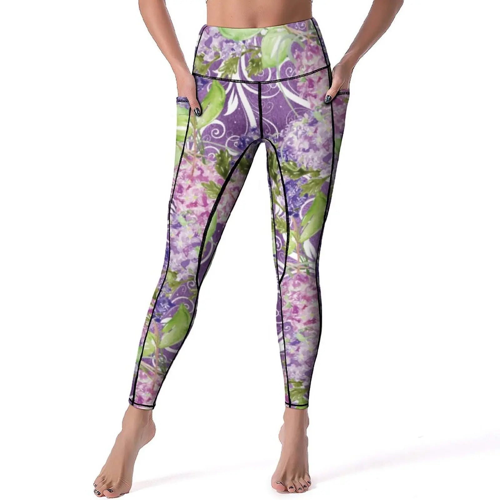 Hydrangea Floral Quality Yoga Pants Pink Lavender Print Leggings High Waist Workout Leggins Lady Funny Elastic Sport Legging