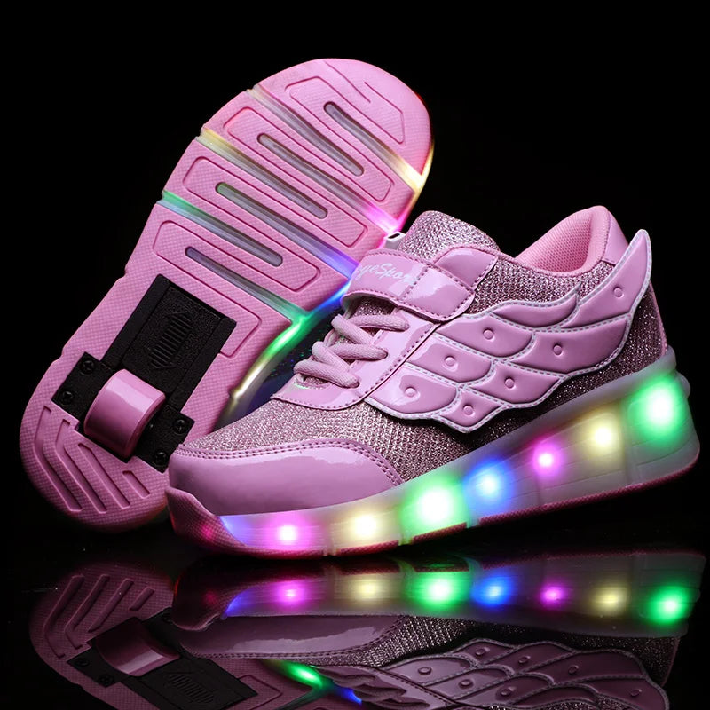 New Style Pink USB Charging Shoe Fashion Girls Boys Women LED Light Roller Skate Shoes