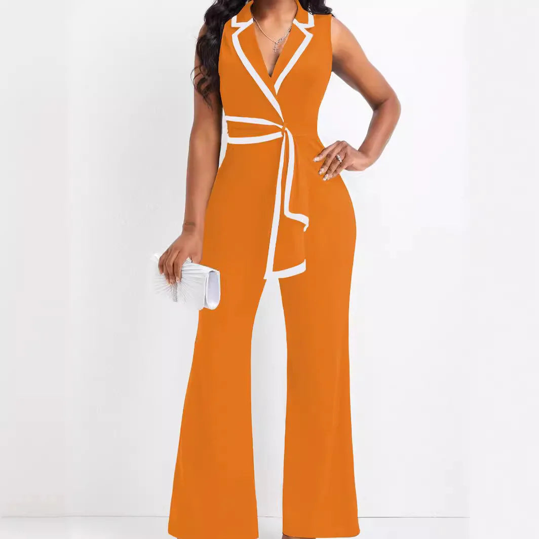 European and American Cross-border Summer Women's New Fashion V Neck Elegant Elegant Sleeveless Jumpsuit Wide Leg Pants