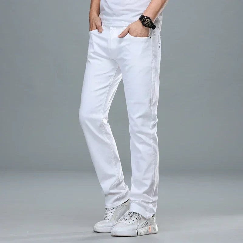 Classic Style Men's Regular Fit White Jeans Business Smart Fashion Denim Pants