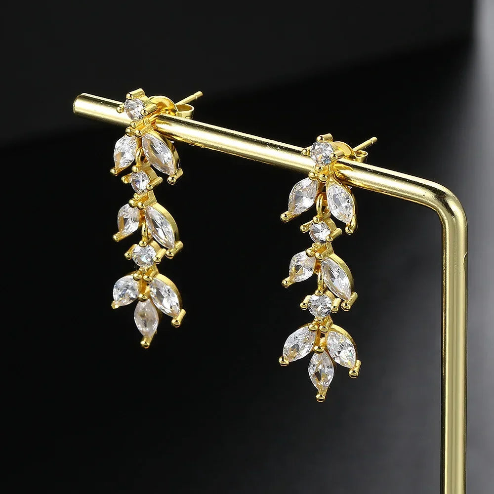 Shiny Crystal Leaf Zircon Long Dangle Stud Earrings for Women