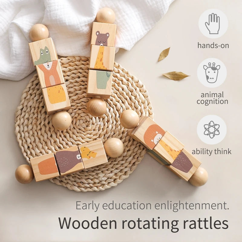 Baby Wooden Montessori Toys Cartoon Animal Crocodile Bear Rotate Block Rattle Puzzle Game