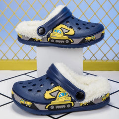 Winter Children Slipper Cotton Baby Boy Clogs Cartoon Excavator Print Comfortable Indoor House Shoes