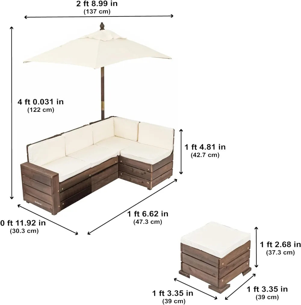 Wooden Outdoor Sectional Ottoman & Umbrella Set with Cushions Patio Furniture for Kids or Pets Bear Brown & Beige