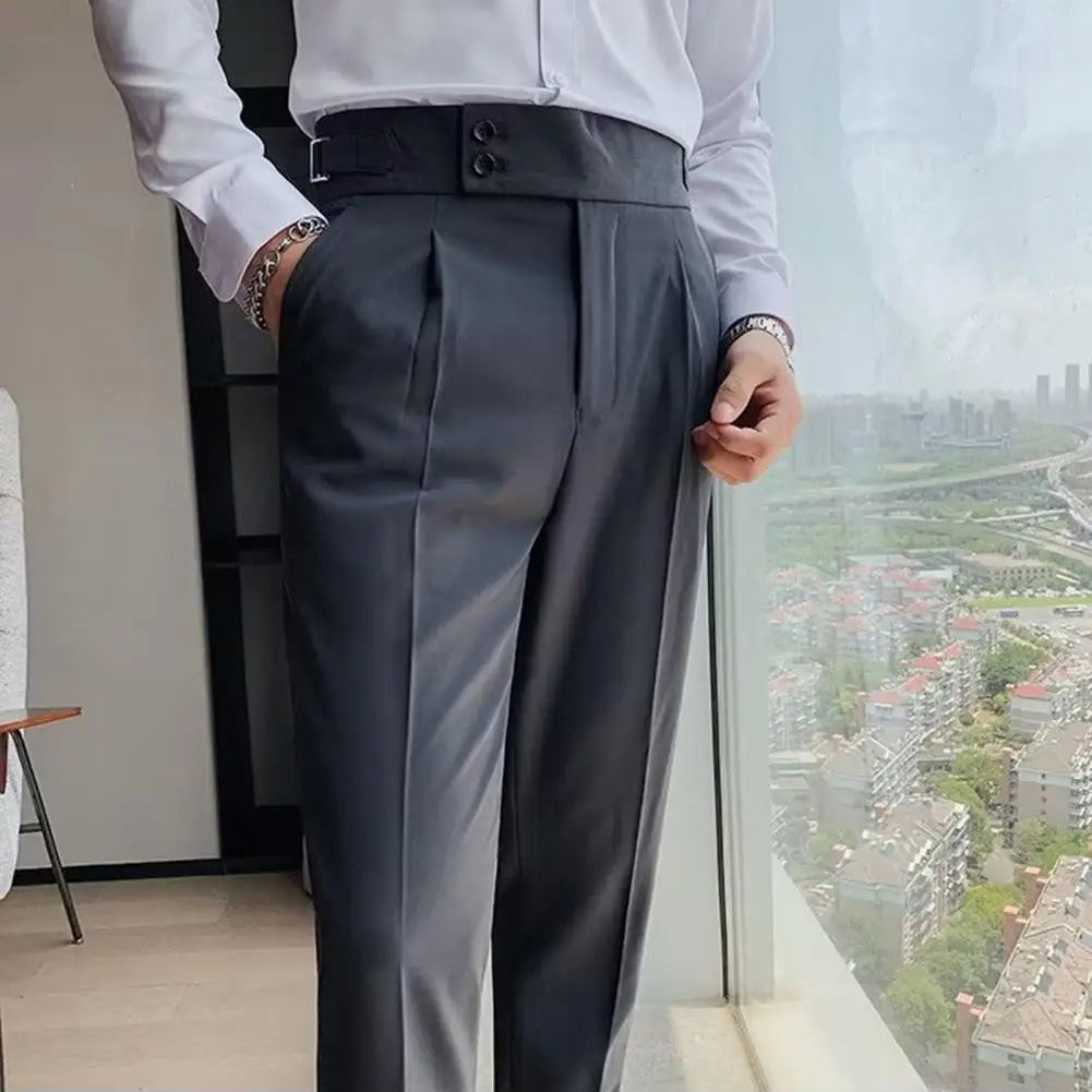 Men's Office Trousers Slim Fit High Waist Vintage Pockets for Formal Business Style Men Pants