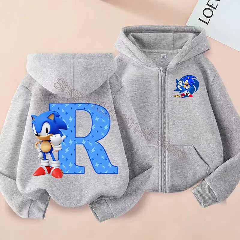 New Sonics Boys Zip-up Hoodies Kids Anime Hoodie Cartoon Letter Printed Tops Winter Warm Jacket Coat Autumn Children Clothing