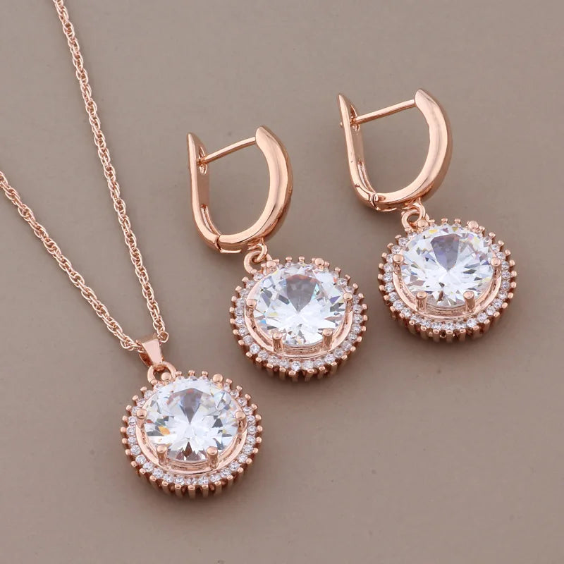 Rose Gold Color High Quality White Natural Zircon Round Earrings Luxury Elegant Women's Jewelry Set