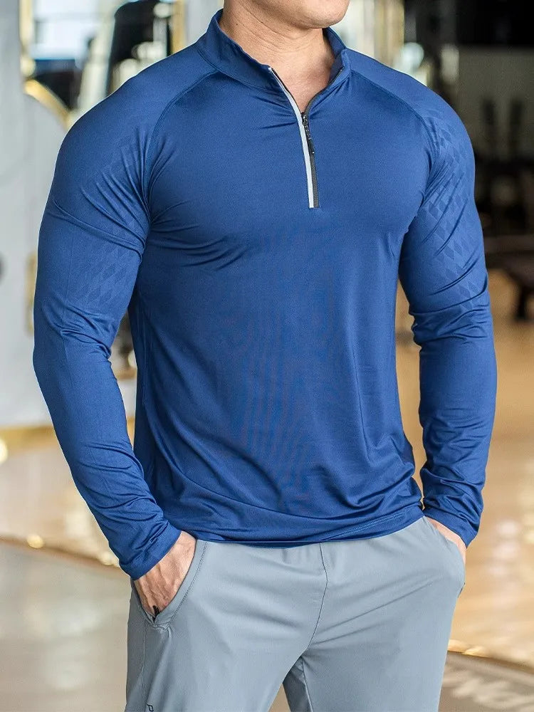 Long Sleeve Tees elastic fit Sports training Fitness Quick dry Zip collar Polo T Shirt