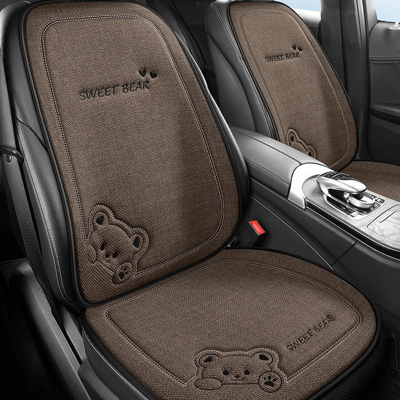 Car Seat Cushion Linen Cartoon Bear Women's Cute Anti-slip Breathable Car Seat Protect Cushion Cover