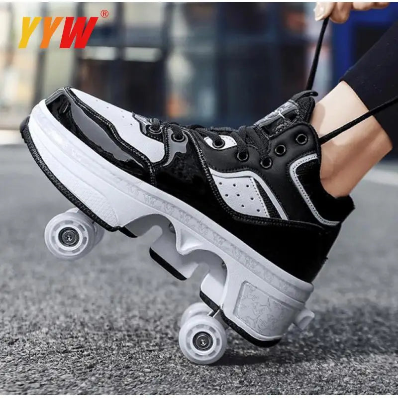 Four-Wheel Dual-Use Skating Shoes Double-Row Roller Student Men's Casual Sneakers Women's Men's Sport Walking Running Shoes