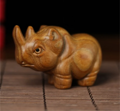 Green sandalwood 6.7CM Rhino Wood Sculpture Animal Statue Collection Office Decoration Home Décor