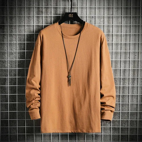 Harajuku Long Sleeve T Shirt Men Solid Color Cotton Soft O-Neck Basic Tops Tees