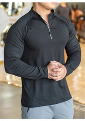 Long Sleeve Tees elastic fit Sports training Fitness Quick dry Zip collar Polo T Shirt