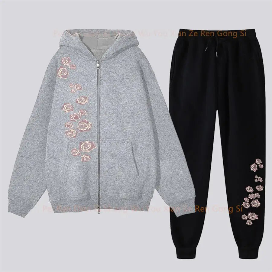 pants Sets Women's Hoodie and pants Two-piece Zipper High Quality Oversize Clothing Aesthetic Rose Graphic PrintFemale Tracksuit