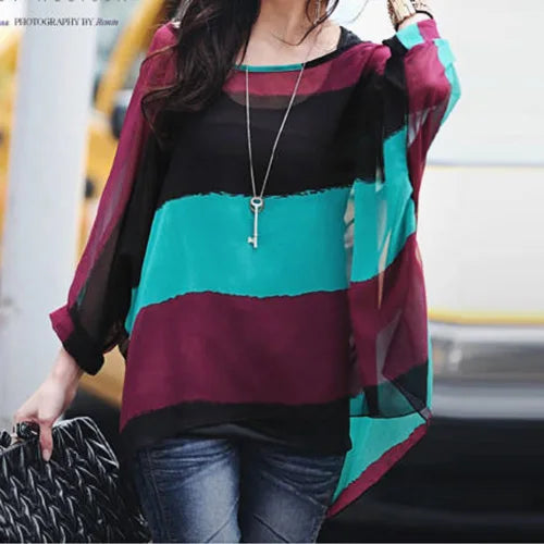 Women New Striped Print Summer Tops Tees Batwing Sleeve Casual Chiffon Blouses