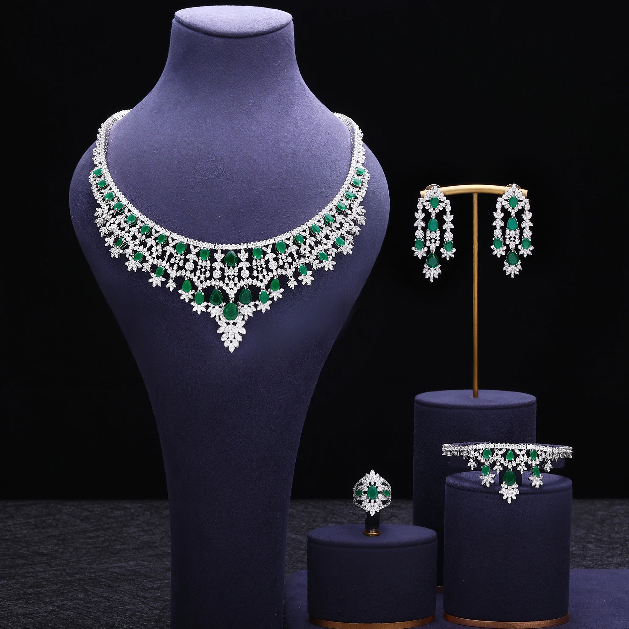 Luxury Princess 4PCS Indian Bridal Jewelry Set for Women Wedding Party Green Zircon Dubai jewelry Sets