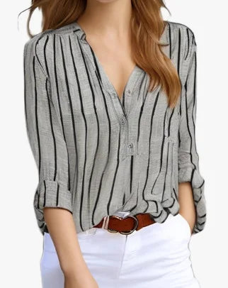 Women's New Spliced V-neck Button Pocket Striped Simple and Fashionable Printed Striped Shirt