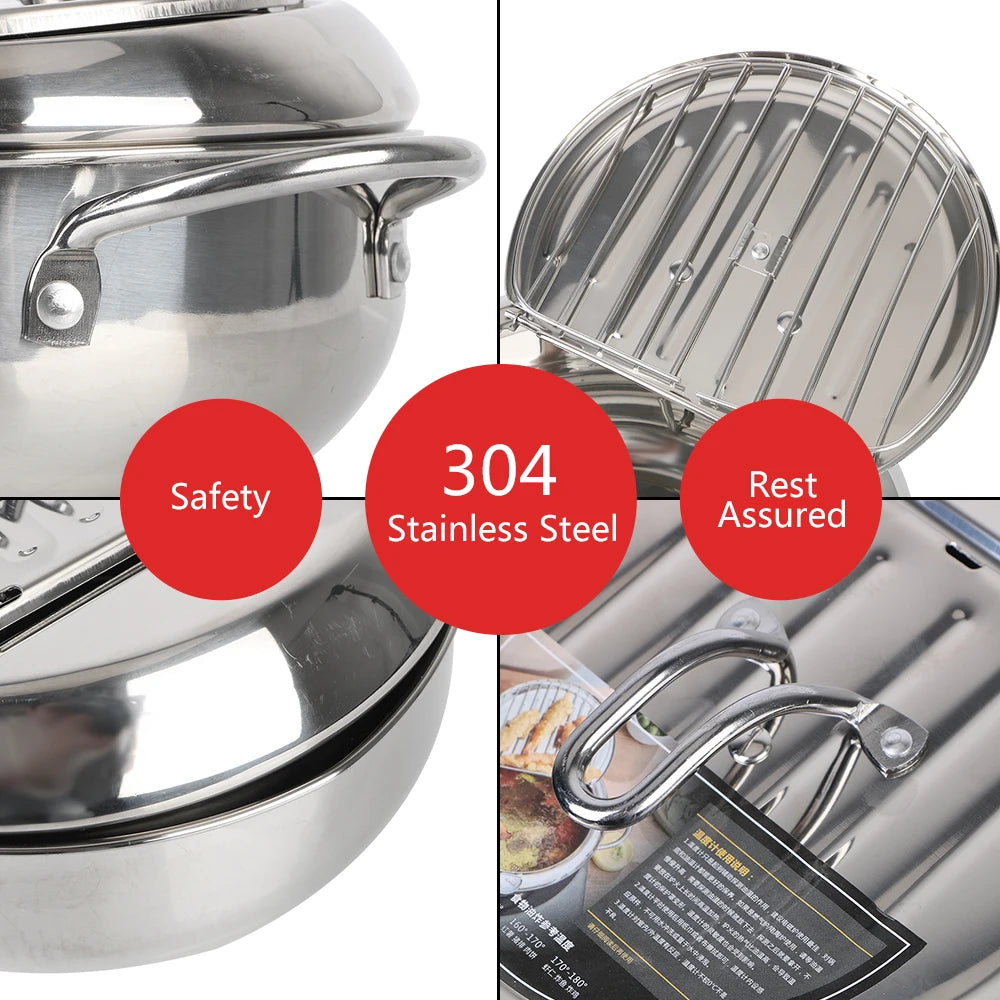 Stainless Steel 2 Handles 2.2L With Thermometer and Lid Tempura Fryer Pan Deep Frying Pot