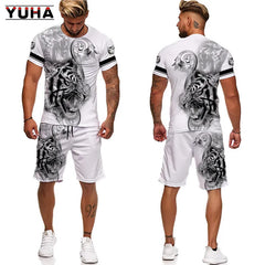 YUHA,Tiger King 3D Printed Men's T-shirt+Shorts Suit Unisex Cool Animal Summer O-Neck Tops