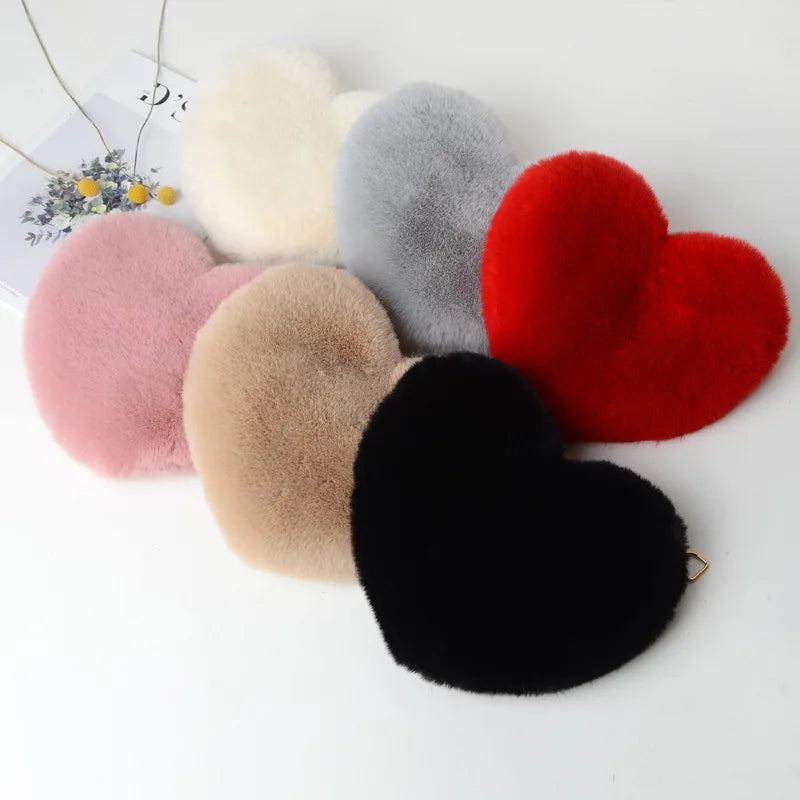 Fashion Women's Heart Shaped Handbags Cute Kawaii Faux Fur Crossbody Bags