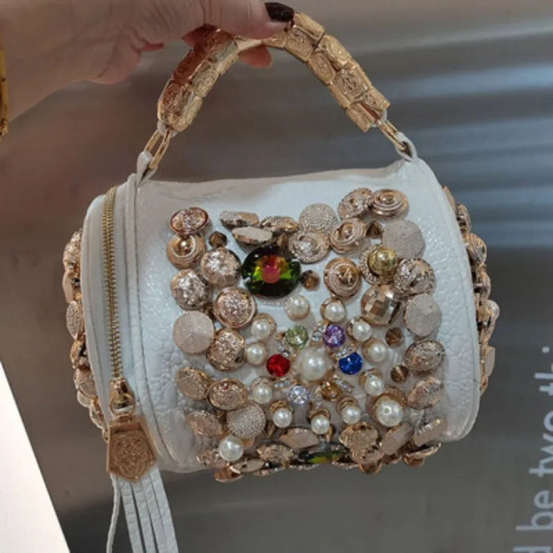 Round Bucket Bag With Bead Rivet Rhinestone Single Shoulder Crossbody Bag Women Punk Style Handbag