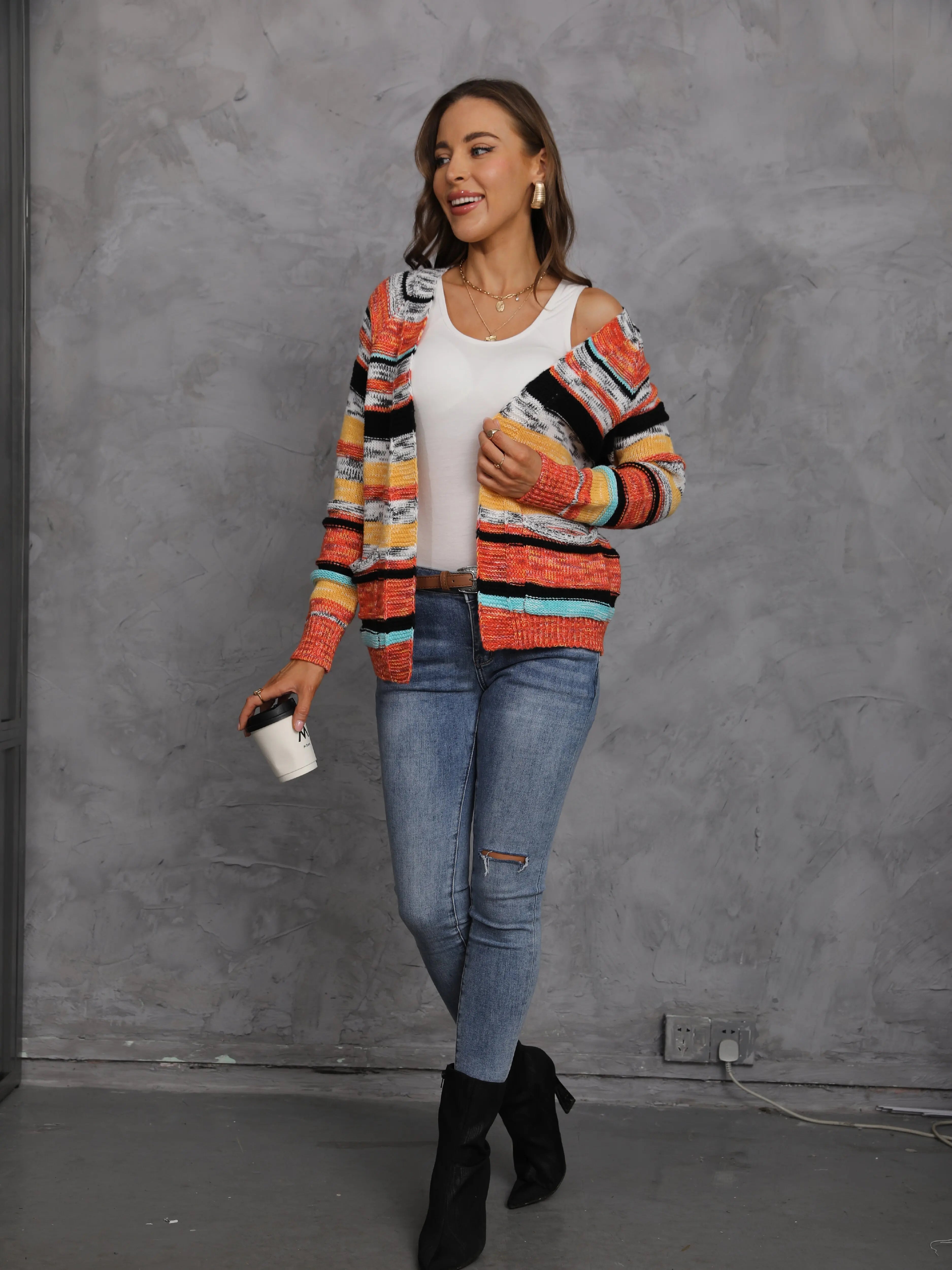 Women's Rainbow Stripes Sweater Knitted Cardigan Korean Casual Coat